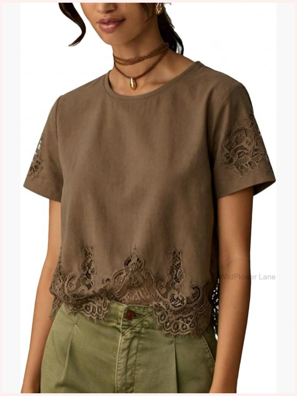 Cropped Lace Top Short Sleeve Crew Neck Blouse Lace Trim Casual Loose Summer Tee